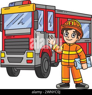 Vigile del fuoco e camion dei vigili del fuoco Cartoon colorato Clipart Illustrazione Vettoriale