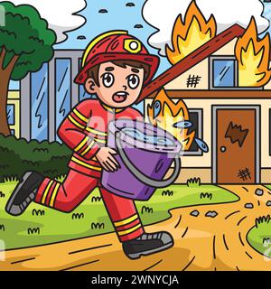 Vigile del fuoco con secchio d'acqua colorato Cartoon Illustrazione Vettoriale