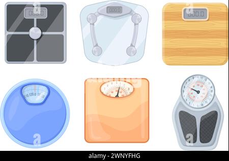 Bilancia digitale in bagno. Peso del pavimento domestico, bilancia elettronica vista dall'alto per peso del piede grasso corporeo nella dieta, misurazione della massa di perdita di peso della bilancia, illustrazione vettoriale della bilancia domestica bagno Illustrazione Vettoriale