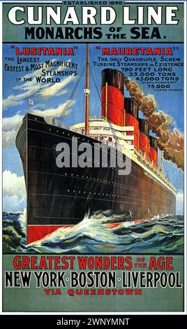 Poster di viaggio vintage, Cunard Line, Monarchs of the Sea: Navi da crociera Lusitania e Mauretania. Da New York a Liverpool. Intorno agli anni '1910 Foto Stock