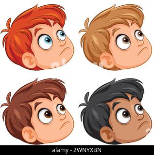 Quattro ragazzi illustrati che mostrano diverse espressioni facciali Illustrazione Vettoriale