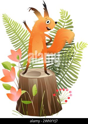 Cute Squirrel su Tree Happy Character Kids Clipart Illustrazione Vettoriale