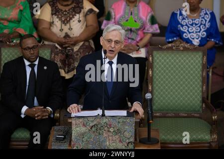 Selma, Alabama. 3 marzo 2024. Il procuratore generale degli Stati Uniti Merrick Garland tiene un discorso alla Tabernacle Baptist Church per commemorare il 59° anniversario della Bloody Sunday il 3 marzo 2024 a Selma, Alabama. Credito: Christian Monterrosa/Pool via CNP/dpa/Alamy Live News Foto Stock