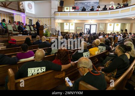 Selma, Alabama. 3 marzo 2024. Il procuratore generale degli Stati Uniti Merrick Garland tiene un discorso alla Tabernacle Baptist Church per commemorare il 59° anniversario della Bloody Sunday il 3 marzo 2024 a Selma, Alabama. Credito: Christian Monterrosa/Pool via CNP/dpa/Alamy Live News Foto Stock