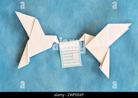 Due colombe origami di carta che trasportano una busta Letter. Ricevere e-mail come newsletter, sondaggio e invito. Foto Stock