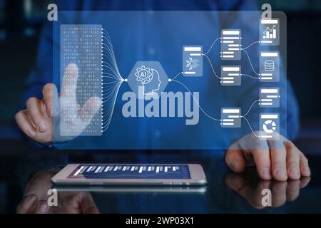 Flusso di lavoro basato SULL'INTELLIGENZA ARTIFICIALE, automatizzazione dei report aziendali con KPI e analisi della gestione dei dati, integrazione di big data e approfondimenti predittivi. Uomo d'affari Foto Stock