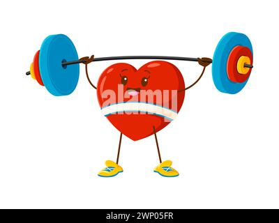 Personaggio cartoni animati con barbell. Rosso vettoriale isolato forte sportivo con un grande sorriso e braccia flessibili, solleva entusiasticamente un peso pesante sopra la testa, mostrando forza e salute Illustrazione Vettoriale