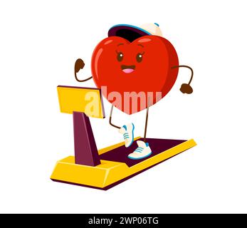 Personaggio cartoni animati che corre sul tapis roulant. Vettore isolato sano, cuore allegro, indossare scarpe da ginnastica, allenamento in palestra, volate gioiosamente, radiati Illustrazione Vettoriale