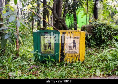 I bidoni della spazzatura nel Parco sono realizzati in diversi colori, per differenziare tra rifiuti organici e inorganici.per riciclati. Foto Stock