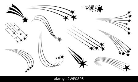 Sparare a stelle di Natale con sentieri o meteore spaziali e asteroidi, icone vettoriali. Stelle che sparano, code di comete o fuochi d'artificio scintilla e scintille Illustrazione Vettoriale