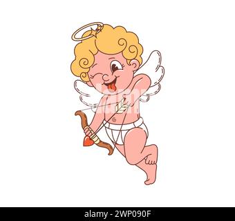 Cartoni animati retro groove Valentine cherub cupido personaggio con arco e freccia, arte hippie vettoriale anni '70. Amour angelo ragazzo che spara con la freccia del cuore d'amore, groov Illustrazione Vettoriale