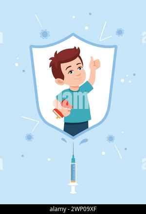 Il bambino vaccinato è protetto da infezione, virus, influenza, influenza da uno scudo d'immunità. Concetto di vaccinazione del potere dei bambini. Persona vaccinata, gente. Illustrazione vettoriale, stile piatto. Illustrazione Vettoriale