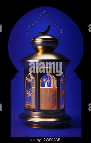 Lanterna Ramadan sfondo verticale dalla finestra in stile arabo dell'arco islamico di notte, rendering 3d. Disegno della carta da parati del mese Santo musulmano Ramadan Kareem. Foto Stock