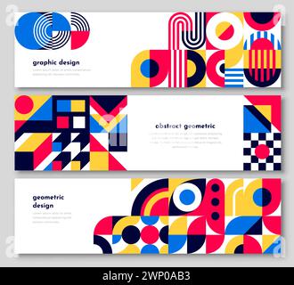 Striscioni astratti con motivi geometrici di forme e linee minimali. Quadratini vettoriali, cerchi, triangoli e archi sfondo mosaico. Moderna Illustrazione Vettoriale