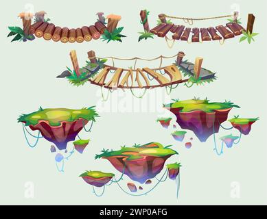 Piattaforme a livello di gioco e ponti di corda sono isolati sullo sfondo. Illustrazione vettoriale di isole verdi galleggianti con erba e liane tropicali, vecchi ponti pedonali sospesi con legno incrinato Illustrazione Vettoriale