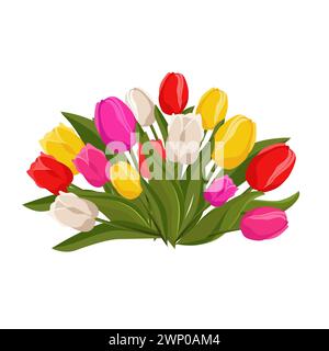 Bouquet primaverile con tulipani rosa, rosso, bianco e giallo. Modello di sfondo vettoriale con fiori per design, biglietto d'auguri, banner, tabellone, volantino, vendita, Illustrazione Vettoriale