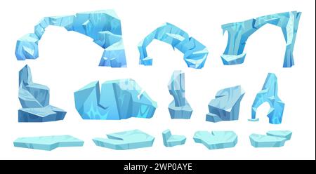 Pezzo di iceberg e arco galleggiante. Serie di illustrazioni vettoriali cartoni animati con cubo di montagna del ghiaccio blu e del ghiacciaio della neve. Collezione di floe per il design del paesaggio del polo nord. Blocco di acqua cristallina ghiacciata dell'Artico. Illustrazione Vettoriale