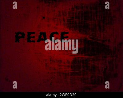 La parola pace in inglese su sfondo rosso-nero. Una chiamata alla pace. Copia spazio Foto Stock