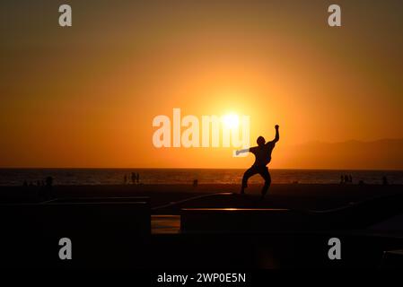 Silhouette di uno skateboarder a Venice Beach al tramonto - Los Angeles, California Foto Stock