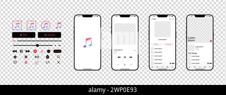 Mockup musicale Apple. App musicale. Modello di applicazione su iPhone mockup. Lettore musicale in abbonamento. Profilo, brano, album, playlist. Pausa, nota, ricerca, Illustrazione Vettoriale