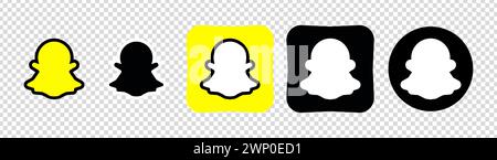 Raccolta di diverse icone Snapchat. Logo dei social media. Arte di linea e stile piatto. Icona della linea vettoriale per aziende e pubblicità. Retro trasparente Illustrazione Vettoriale