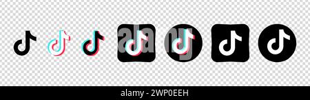 Collezione di icone Tik Tok nere. Logo dei social media. Arte di linea e stile piatto. Icona della linea vettoriale per aziende e pubblicità. Sfondo trasparente E. Illustrazione Vettoriale