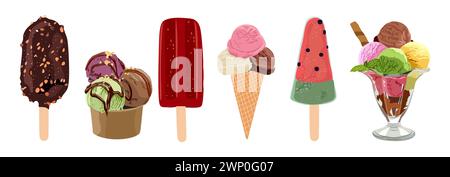 Set di gelati, sundaes e gelati diversi. Illustrazione Vettoriale