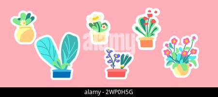Set di adesivi per piante primaverili da interno. Fiori e foglie nella pentola. Piante da fiore. Fiori e fogliame in fiore. Illustrazione vettoriale grafica piatta su sfondo bianco. Illustrazione colorata disegnata a mano. Illustrazione Vettoriale