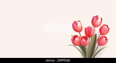 Bouquet di tulipani. Rendering realistico in 3d dell'illustrazione dei fiori primaverili, dello striscione o del poster con spazio per la copia e il biglietto d'auguri Illustrazione Vettoriale