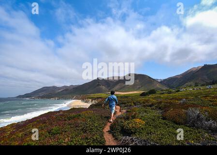 Un giovane che passeggia lungo le scogliere del Garrapata State Park - Big Sur, California Foto Stock