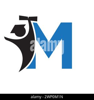Design del logo Education Letter M. Simbolo di graduazione con icona della carta per graduazioni a tenuta umana Illustrazione Vettoriale