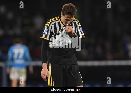 Napoli, Italia. 3 marzo 2024. Federico Chiesa della Juventus sembra sventato durante la partita di serie A tra SSC Napoli e Juventus FC allo Stadio Diego Arm Foto Stock