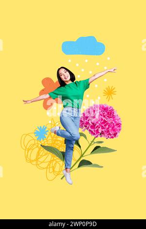 Grafica di tendenza composita immagine di schizzo collage fotografico 3D di una giovane donna che posa sull'immaginazione un fiore surreale sfondo della stagione primaverile. Foto Stock