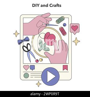 Concetto fai da te e artigianato. Progetti realizzati a mano e tutorial di arti creative online. Creazione di ispirazione, vetrina artistica, entusiasmo per hobby. Illustrazione vettoriale piatta Illustrazione Vettoriale