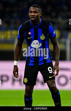 Milano, Italia - 4 marzo 2024: L'attaccante francese dell'Inter Milan #09 Marcus Thuram in azione durante la partita di calcio italiana di serie A Inter Milan vs Genoa allo Stadio San Siro. Crediti: Piero Cruciatti/Alamy Live News Foto Stock