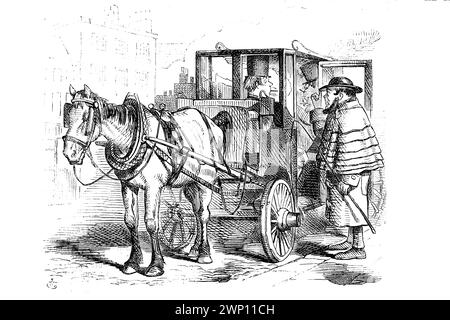 Molto accomodante, uomini che fumano in Hansom Cab, cartone animato di 1852 Punch Magazine Foto Stock