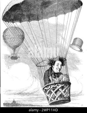 The Chancellor of the Exchequer Coming Down Easy, cartone animato di 1852 Punch Magazine, che mostra Benjamin Disraeli, discendente dal pallone “Protection” Foto Stock
