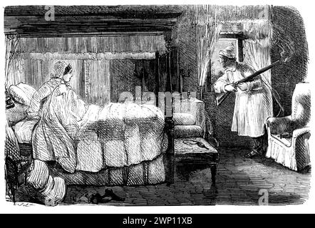 Domestic Bliss, cartoni animati sull'uomo con fucile da tiro conigli dalla finestra della camera da letto, da 1852 Punch Magazine Foto Stock