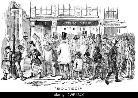 1852 Bolted, cartoni animati del negozio di scommesse Crowd Outside di Punch Magazine Foto Stock
