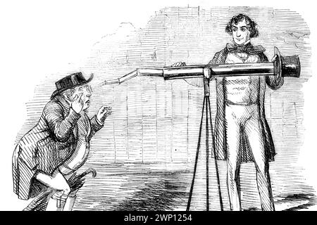 Qualcosa incombe nel futuro, cartone animato di John Bull che guarda attraverso un telescopio storto, con lente oscurata dal Cancelliere dello Scacchiere dal 1852 Punch M. Foto Stock