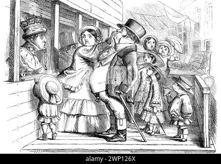 Mrs Bull al sondaggio, cartone animato politico che mostra la moglie che risponde per suo marito, quando il cancelliere Sir Charles Wood gli chiederà come voterà, dal 1852 Foto Stock