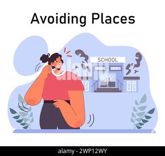 Disturbo da stress post traumatico. Personaggio femminile che soffre di disturbi mentali, che si occupa di disperazione, paura e dolore. Ansia e depressione. Illustrazione vettoriale piatta Illustrazione Vettoriale
