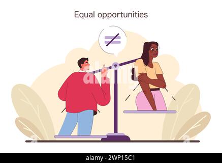 Uomo e donna in equilibrio, a favore dell'equità e della giustizia. Parità di genere. Equità sul luogo di lavoro. Problemi sociali. Illustrazione vettoriale piatta. Illustrazione Vettoriale