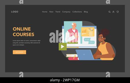 Concetto di apprendimento digitale. Studentessa di colore focalizzata interagisce con l'interfaccia del corso online, rappresentando un approccio moderno all'istruzione attraverso studi basati sul Web. Illustrazione vettoriale piatta Illustrazione Vettoriale