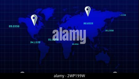 Immagine digitale delle icone dei puntini di posizionamento e dei numeri mobili sulla mappa mondiale su sfondo blu Foto Stock