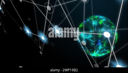 Immagine della rete di connessioni con punti luminosi sul globo su sfondo nero Foto Stock