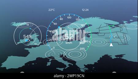 Immagine dell'interfaccia con l'icona della batteria in carica e il tachimetro sulla mappa mondiale Foto Stock
