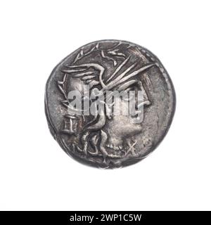Un denario romano del 134 a.C. di M. Marcio che mostra la testa di Roma con elmetto, Vittoria su una biga, caschi, cavalli, orecchie di grano e modius, illustrando temi mitologici e marziali romani. Foto Stock