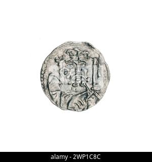 Questo heller del XV secolo raffigura San Pietro con le chiavi e l'Aquila Slesia, tipica della monetazione cittadina nella regione. Foto Stock