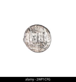 Denario d'argento di Bolesław III Krzywousty con cavalieri, draghi, croci, lance e motivi allegorici. La moneta in stile romanico fa parte della collezione di Stanisław Jastrzębowski. Foto Stock